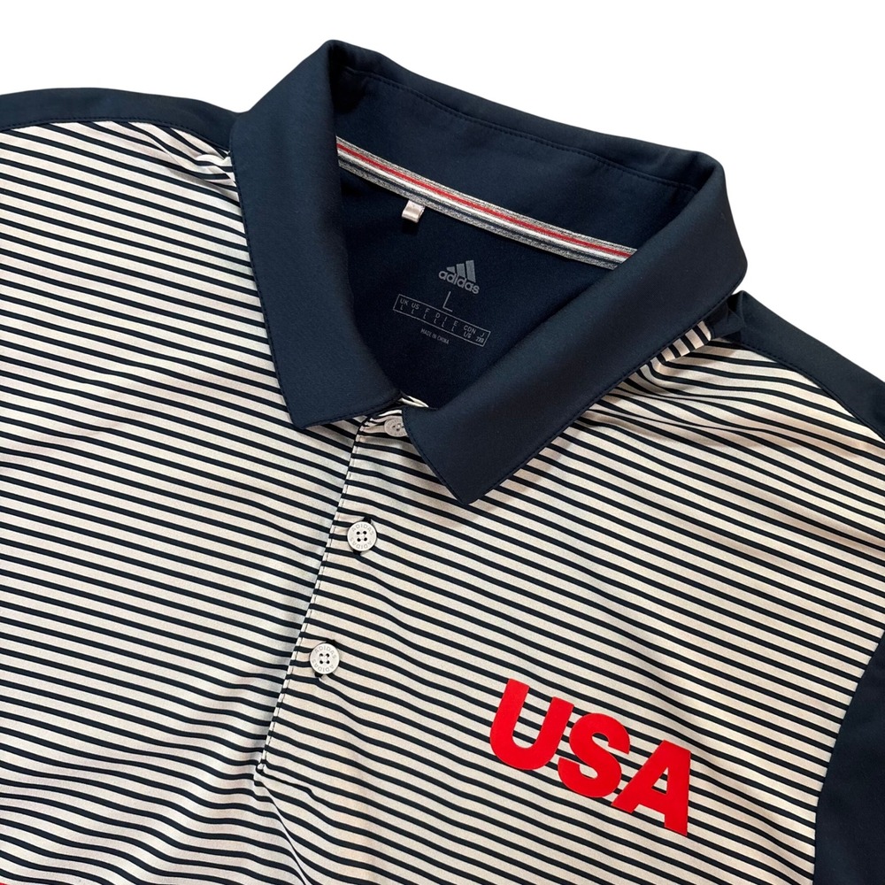 ADIDAS Polo Shirt Mens Large Navy Striped USA Golf Performance Climalite